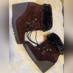 Vintage FENDI Brown Suede‎ Women's Wedge Boots